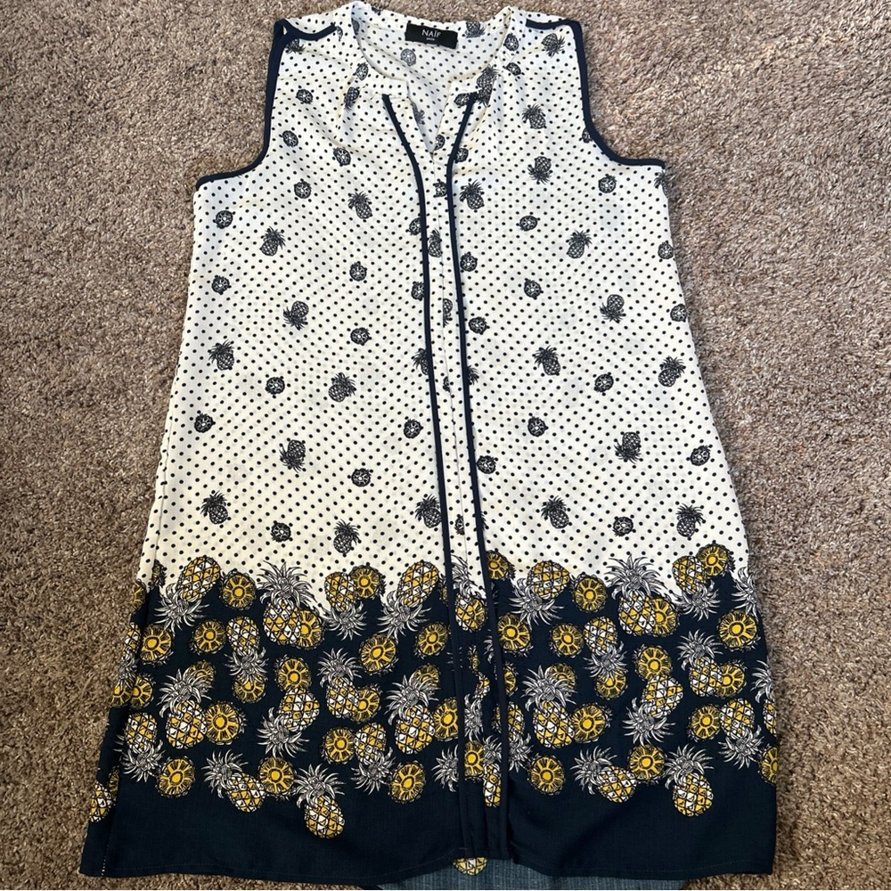 Naif Sleeveless Blue White Pineapple Print Dress Sz Large Petite